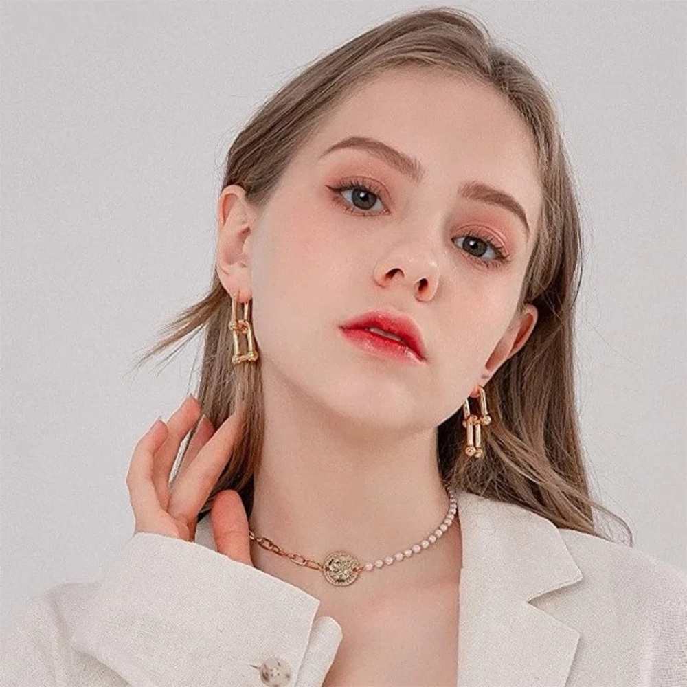 18K Gold Plated Double U Link Chunky Hoop Earrings - Picture 10 of 11